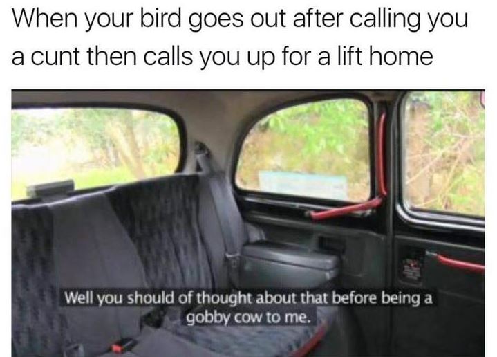 when your bird goes out after calling you a cunt then calls you up for a lift home