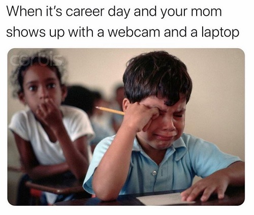 career day and mom brings webcam and laptop 